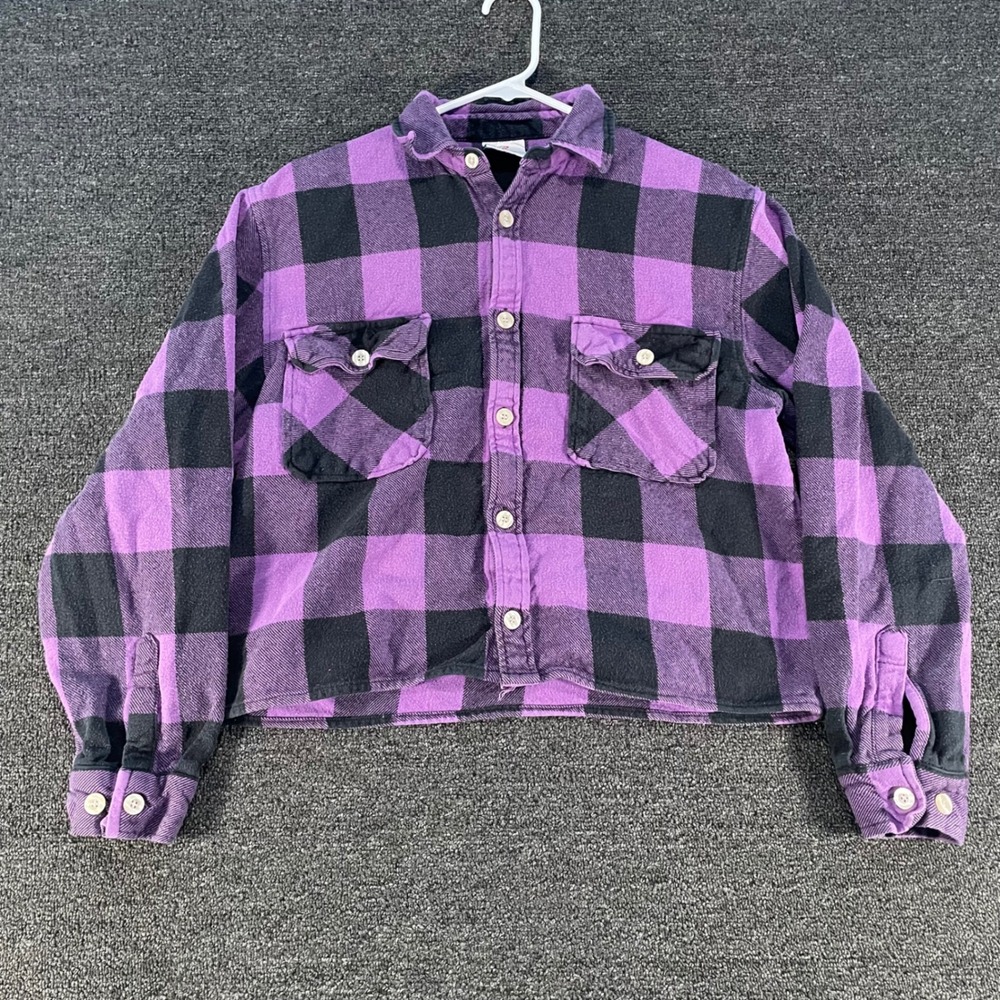 Rothco Flannel Shirt Womens Medium Purple Black Good Cropped Buffalo Plaid